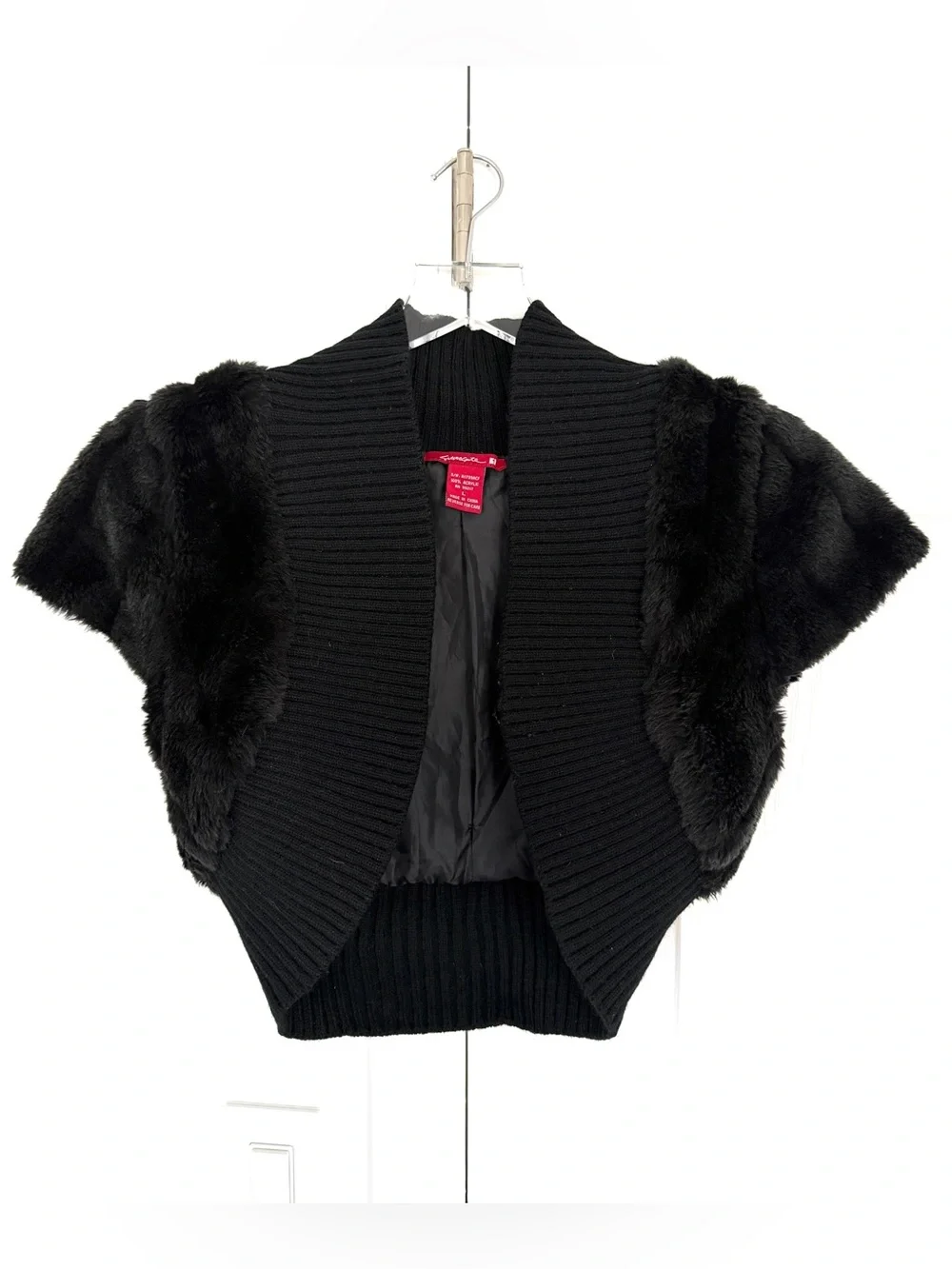 Silvergate black faux fur cropped shrug bolero cardigan knit vest L Y2K